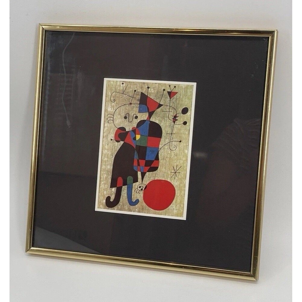 Joan Miró Figures & Dog in Front of the Sun Framed Art Print Gold Tone 1949 VTG